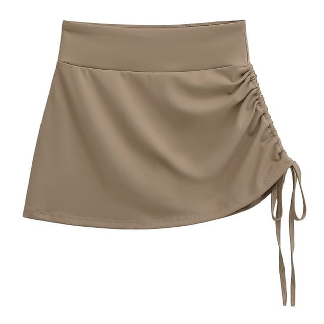 Hollahop-High Waist Plain Drawstring Mini A-Line Skirt