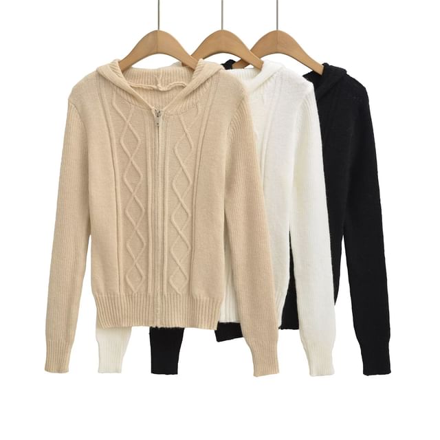 Hollahop-Hooded Zip-Up Plain Cardigan