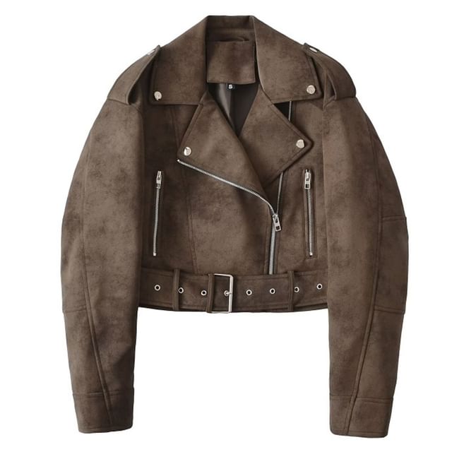 Hollahop-Lapel Collar Faux Leather Crop Zip Jacket