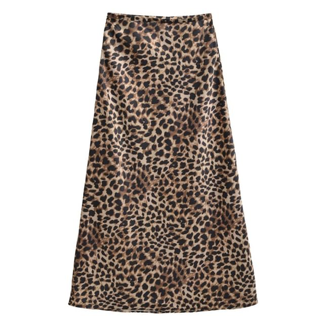 Hollahop-Leopard Print Midi A-Line Skirt
