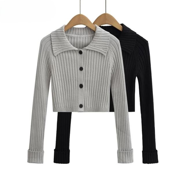 Hollahop-Long-Sleeve Collared Button-Up Plain Knit Top