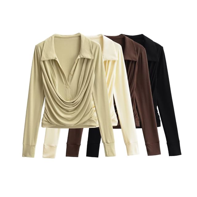 Hollahop-Long Sleeve Collared Plain Mock Two Piece Top