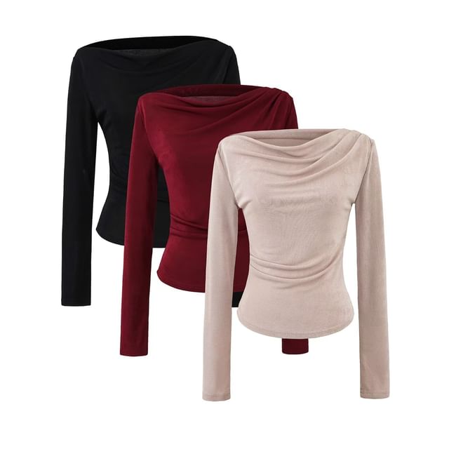 Hollahop-Long-Sleeve Cowl Neck Plain Ruched Tee