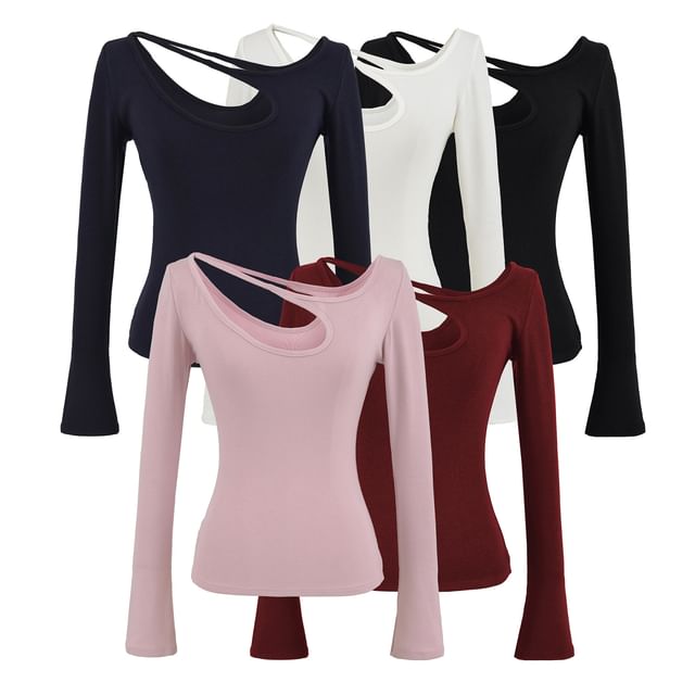 Hollahop-Long-Sleeve Cutout Plain Top