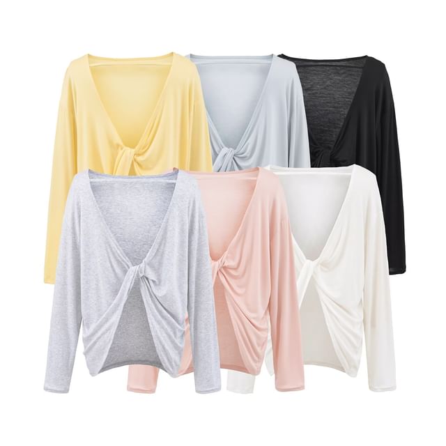 Hollahop-Long Sleeve Deep Plunge Plain Ruched Top