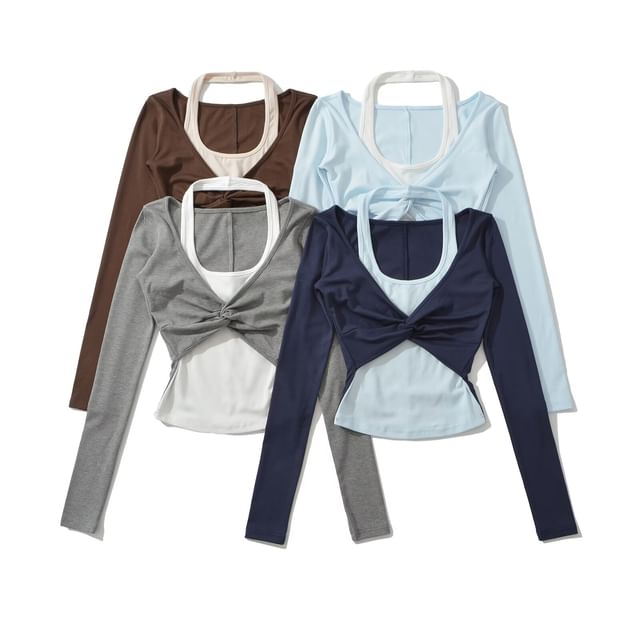 Hollahop-Long Sleeve Halter Mock Two Piece Ruched Top