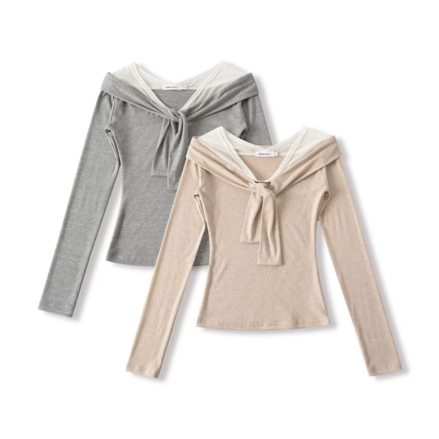 Hollahop-Long-Sleeve Mesh Panel Plain Top