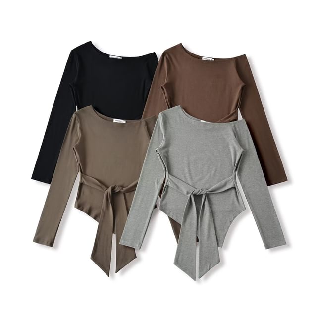 Hollahop-Long-Sleeve Off Shoulder Asymmetrical Plain Tee