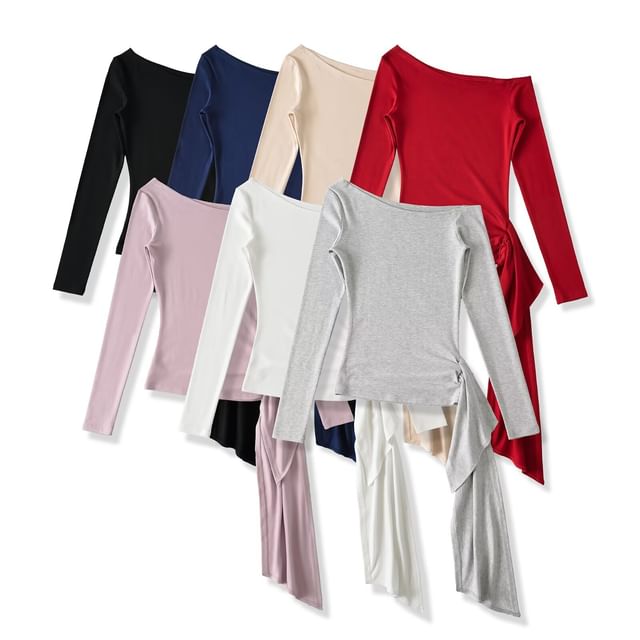 Hollahop-Long-Sleeve Off Shoulder Plain Crop Top