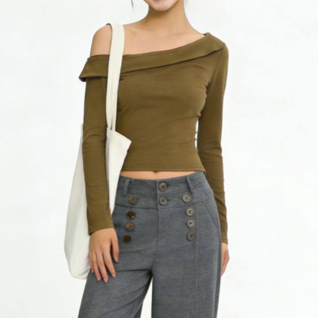 Hollahop-Long-Sleeve Off Shoulder Plain Crop Top