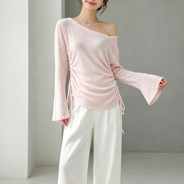Hollahop-Long-Sleeve Off Shoulder Plain Drawstring Open Back Sheer T-Shirt