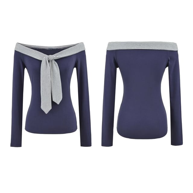 Hollahop-Long-Sleeve Off Shoulder Striped Panel Top