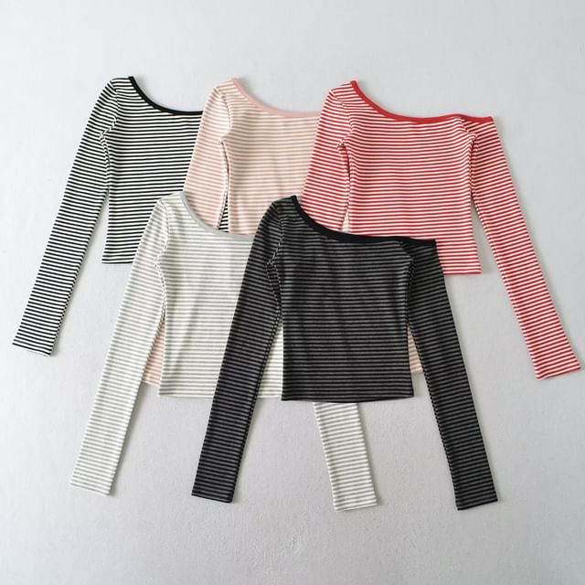 Hollahop-Long-Sleeve Off Shoulder Striped Tee