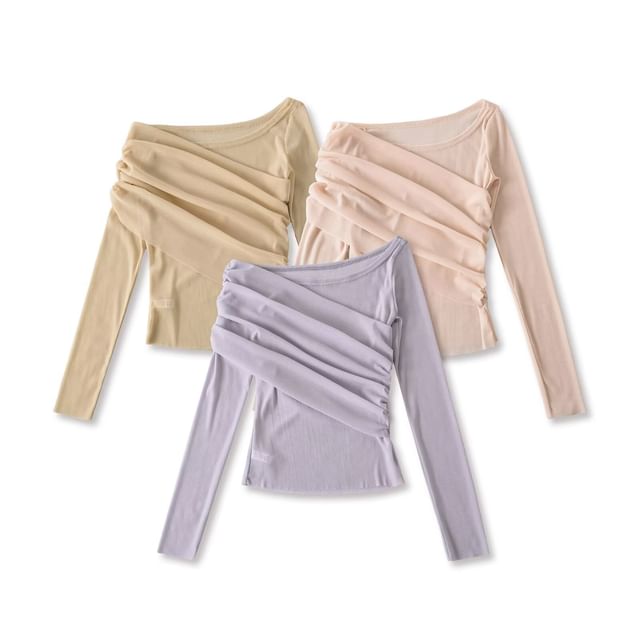 Hollahop-Long Sleeve One Shoulder Plain Ruched Panel Top