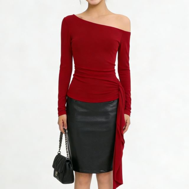 Hollahop-Long Sleeve One Shoulder Plain Sash Top