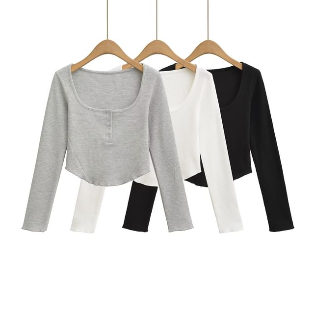 Hollahop-Long-Sleeve Square Neck Henley Plain Crop Top