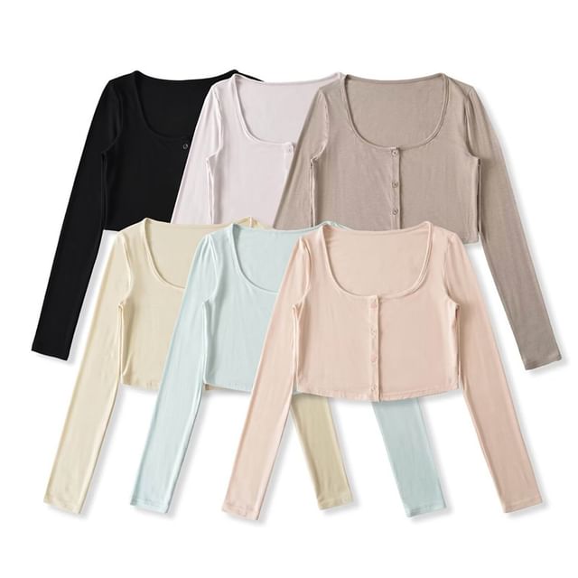 Hollahop-Long-Sleeve Square Neck Plain Button Up Crop Tee
