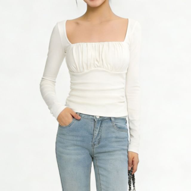 Hollahop-Long-Sleeve Square Neck Ruched Plain Top