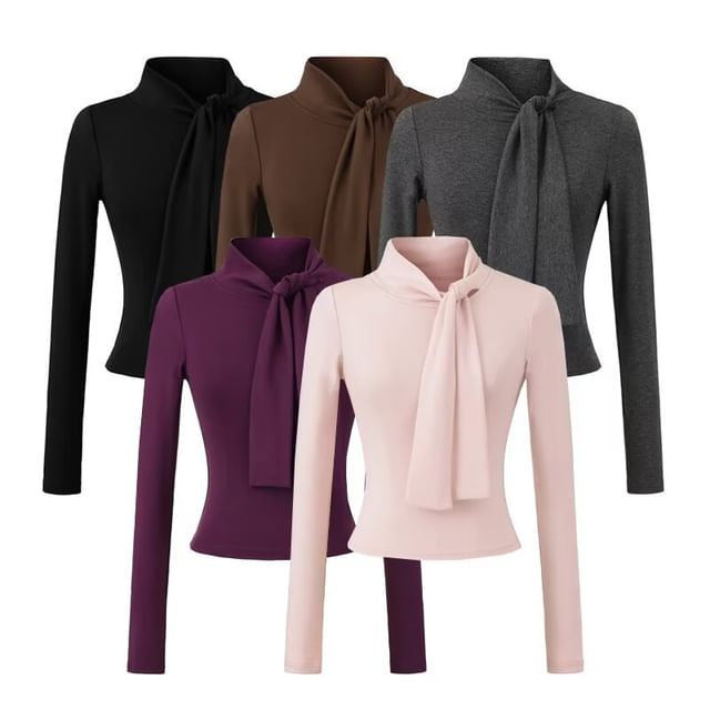 Hollahop-Long Sleeve Tie-Neck Plain Top