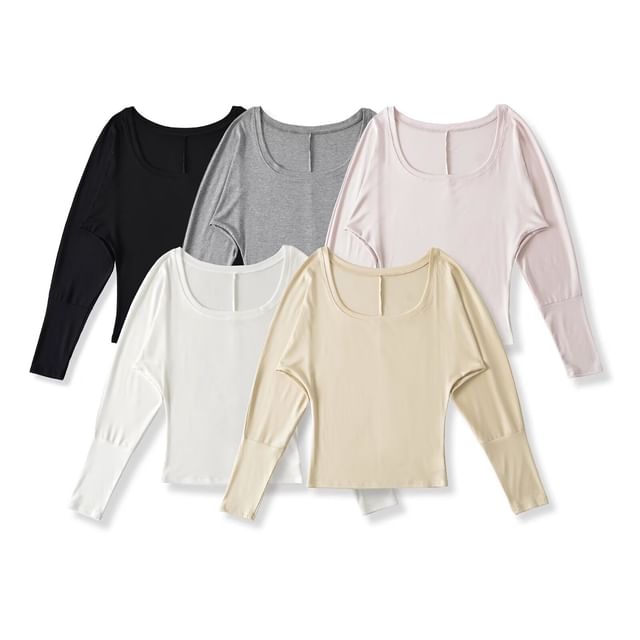 Hollahop-Long-Sleeve U-Neck Plain Crop Top
