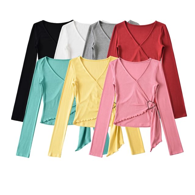 Hollahop-Long-Sleeve V-Neck Asymmetrical Plain Top