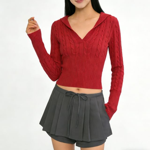 Hollahop-Long-Sleeve V-Neck Cable Knit Plain Crop Top