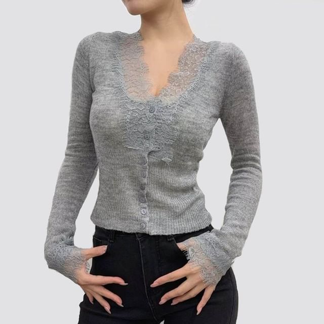 Hollahop-Long-Sleeve V-Neck Lace Panel Ribbed Button Knit Top