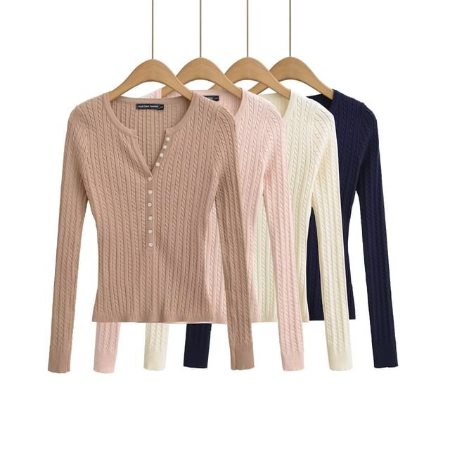 Hollahop-Long-Sleeve V-Neck Plain Cable Knit Top