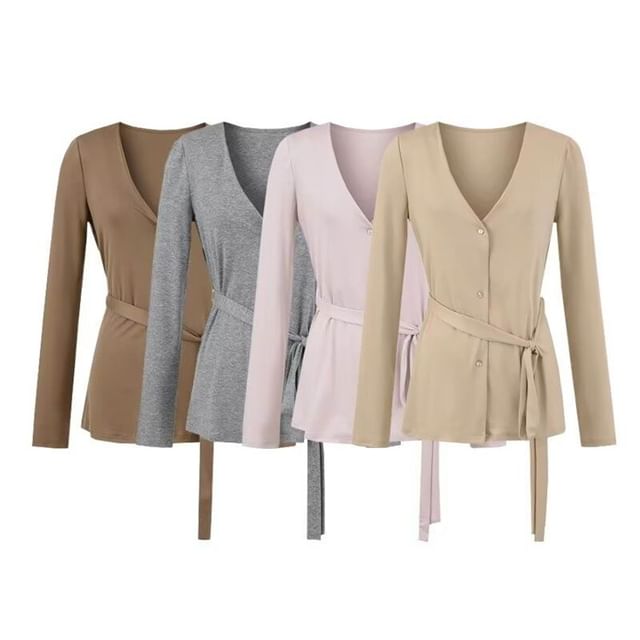 Hollahop-Long-Sleeve V-Neck Plain Sashed Button Knit Top