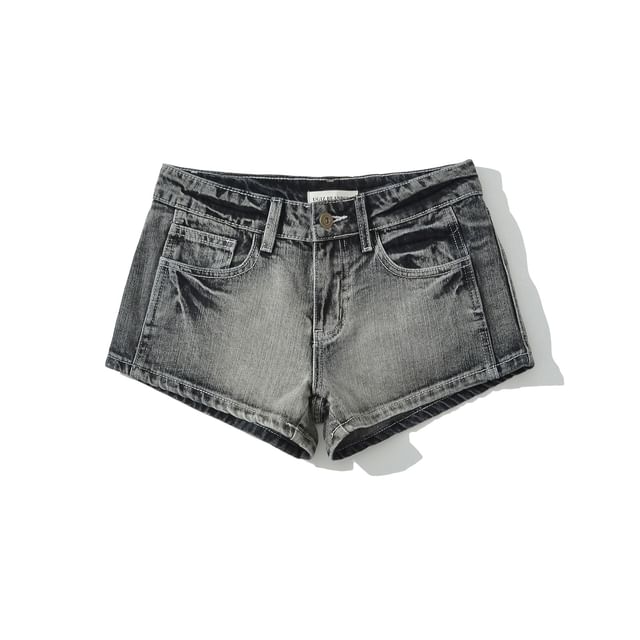 Hollahop-Low Rise Washed Denim Hot Pants