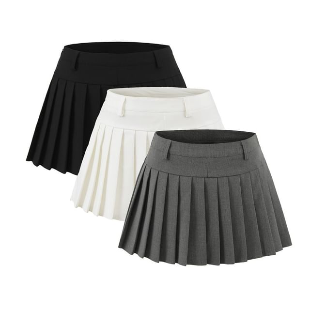 Hollahop-Low Waist Plain Mini Pleated Skirt