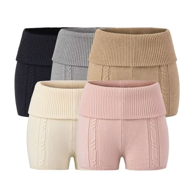 Hollahop-Mid Rise Plain Cable Knit Shorts
