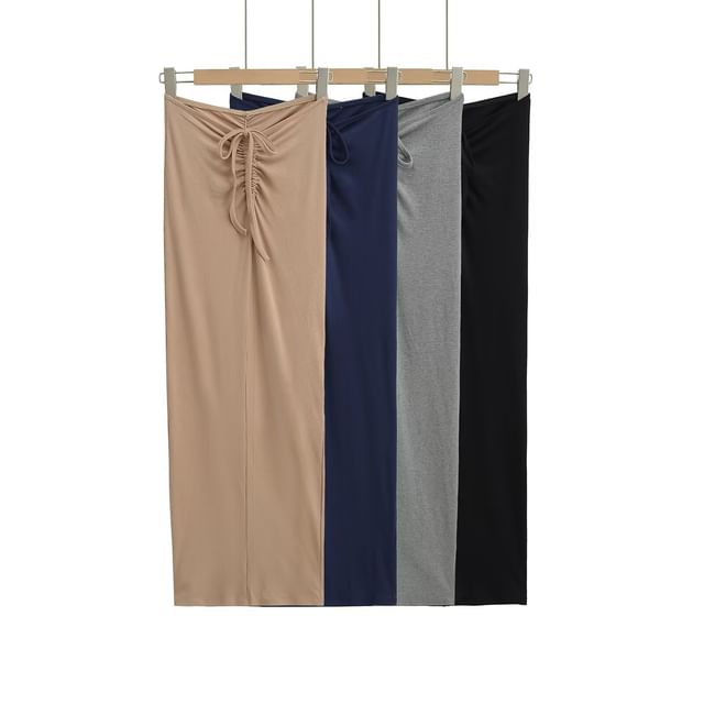 Hollahop-Mid Waist Plain Drawstring Midi Pencil Skirt