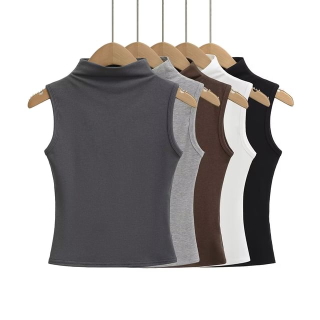 Hollahop-Mock Neck Plain Tank Top