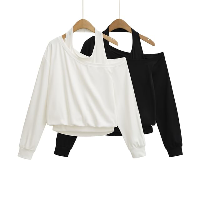 Hollahop-Mock Two-Piece Cutout Plain Sweatshirt