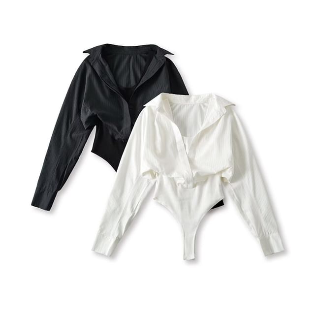 Hollahop-Mock Two-Piece Long-Sleeve Collar Plain Button Bodysuit Top