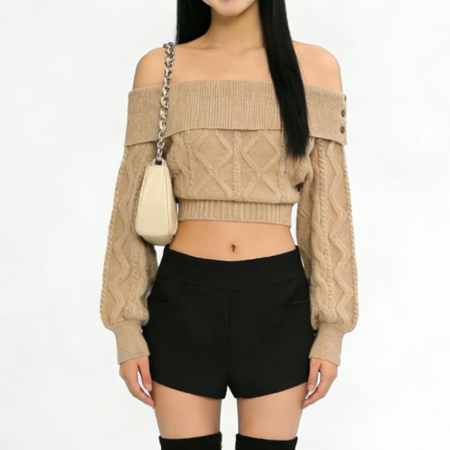 Hollahop-Off Shoulder Cable Knit Plain Crop Sweater