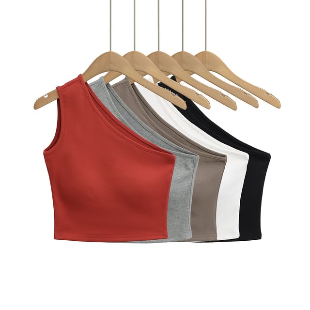 Hollahop-One-Shoulder Plain Padded Tank Top
