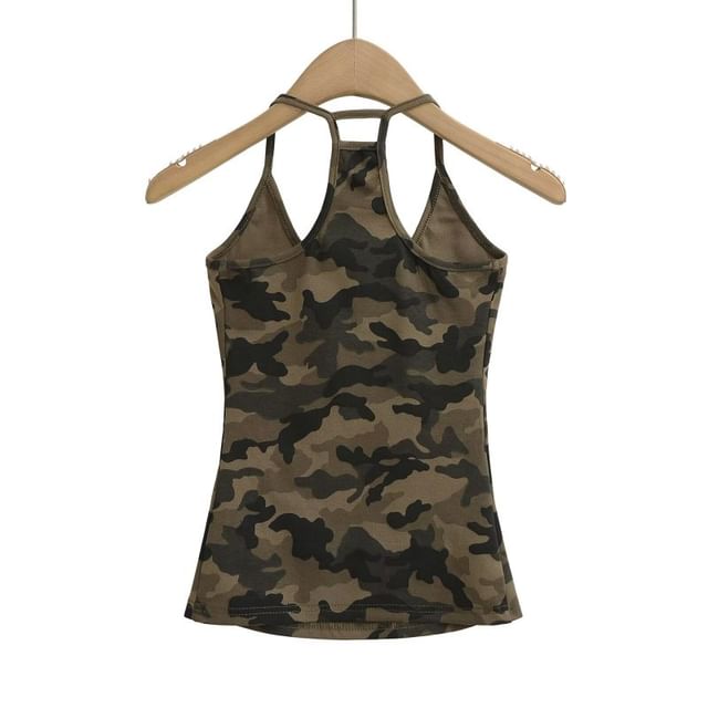 Hollahop-Scoop Neck Camo Print Halter Top