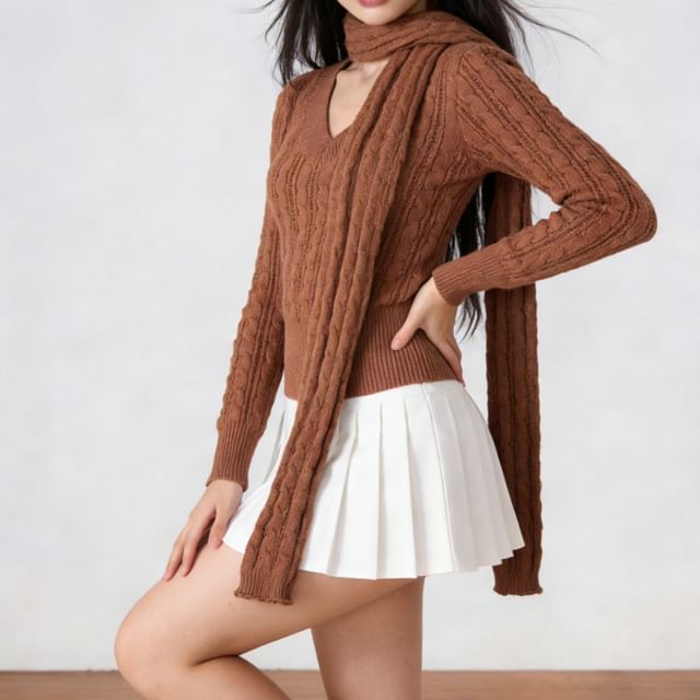 Hollahop-Set V-Neck Plain Cable Knit Sweater Scarf