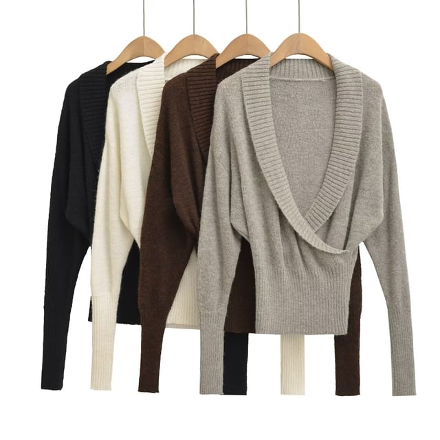Hollahop-Shawl Collar V-Neck Plain Sweater