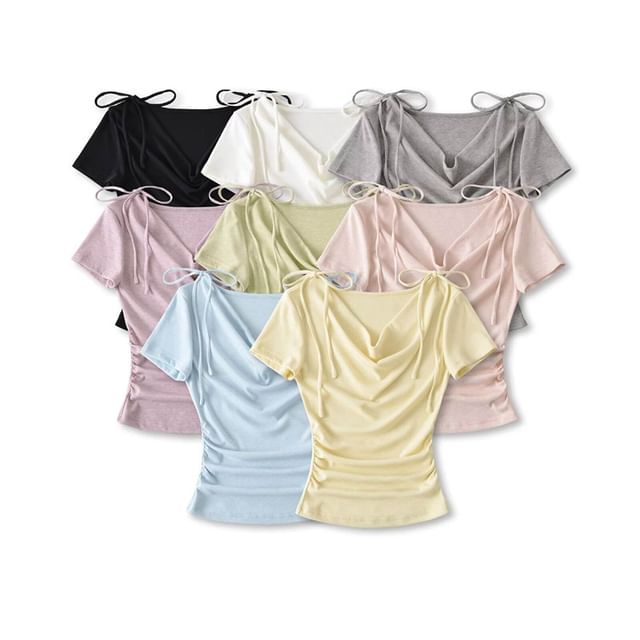 Hollahop-Short-Sleeve Cowl Neck Plain Ruched Tee