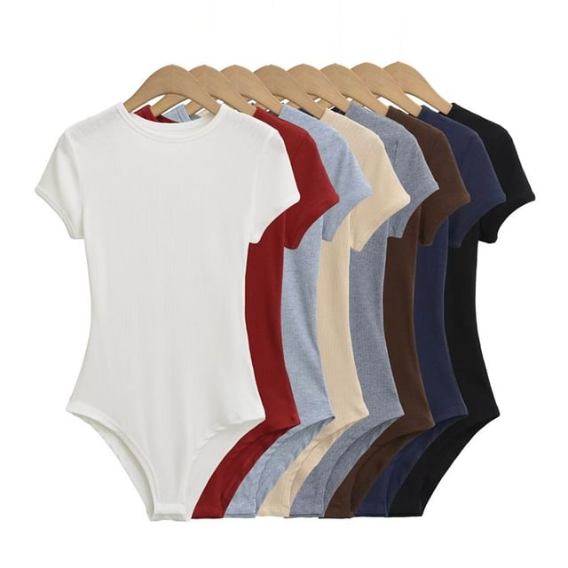 Hollahop-Short-Sleeve Crew Neck Plain Bodysuit Top