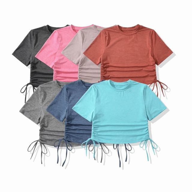 Hollahop-Short-Sleeve Round Neck Melange Drawstring Crop Tee