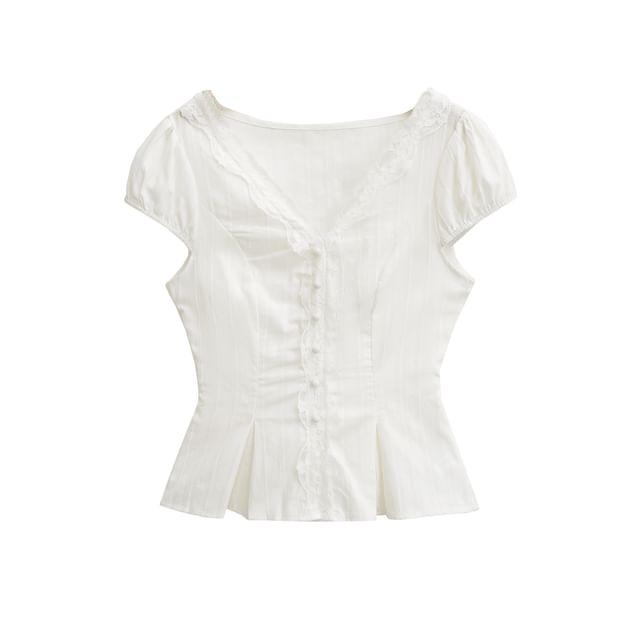 Hollahop-Short-Sleeve V-Neck Plain Button Up Blouse