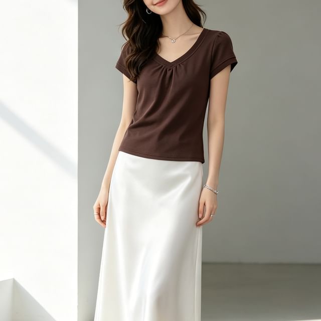 Hollahop-Short Sleeve V-neck Plain Pleated Top