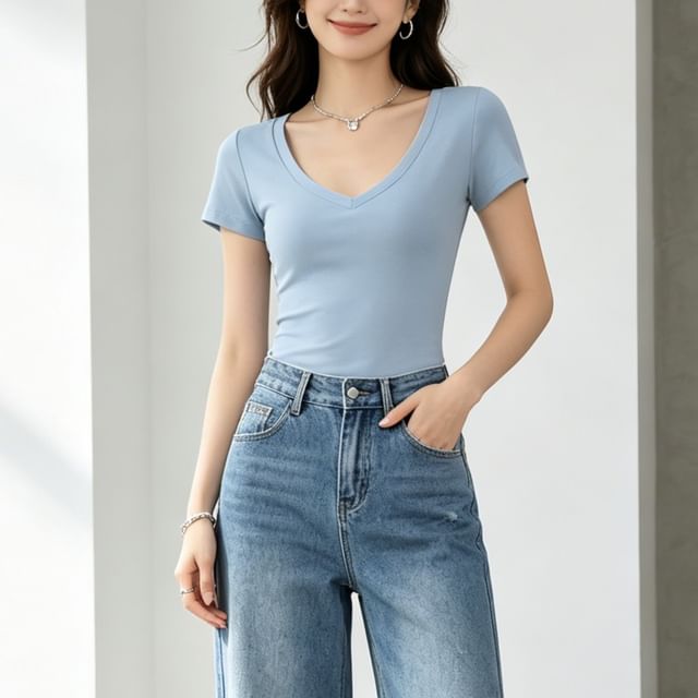 Hollahop-Short Sleeve V-neck Plain Top