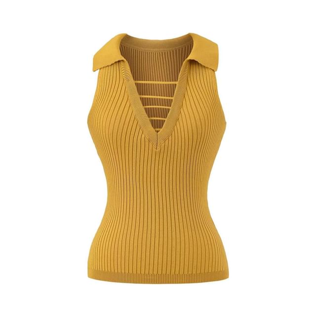 Hollahop-Sleeveless Collared V-Neck Plain Ribbed Knit Top