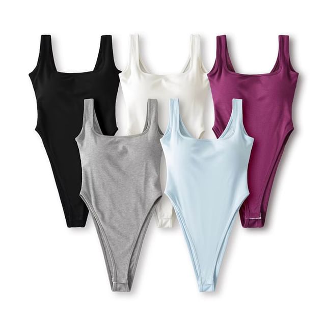 Hollahop-Sleeveless Square Neck Plain Bodysuit Top