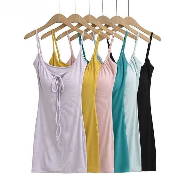 Hollahop-Spaghetti Strap Plain Padded Ribbed Mini Bodycon Dress